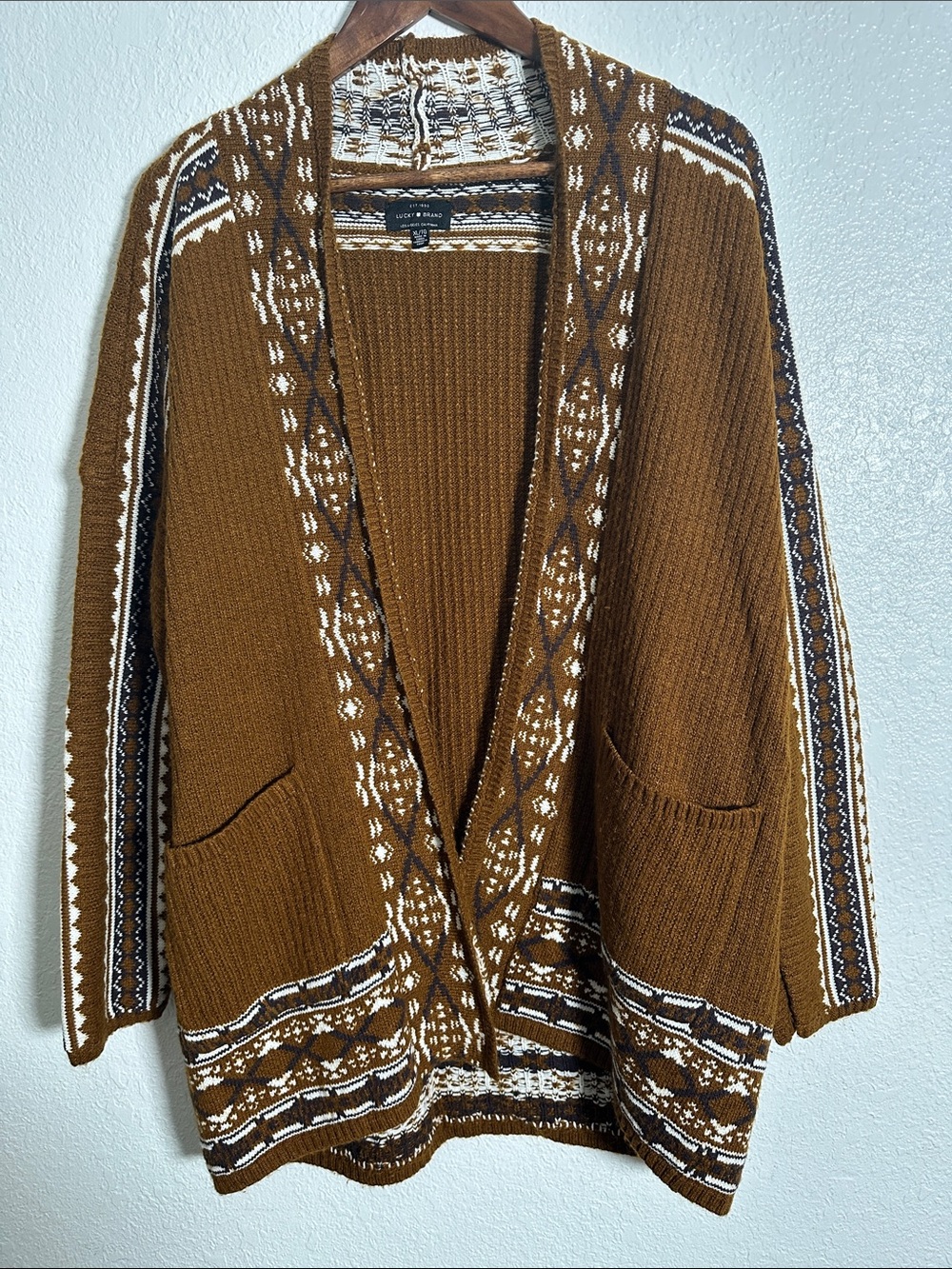 Lucky Brand Southwestern BOHO Knit Open Cardigan Sweater with Pockets Size XL